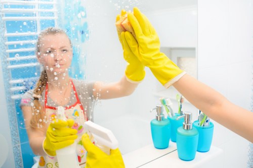Local office cleaner sanitising kitchen and washroom areas in W6